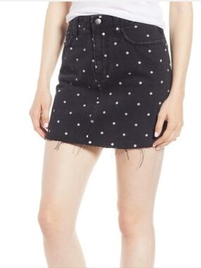 Current/Elliott The Five-Pocket Cutoff Black Denim Polka Dot Mini Skirt
